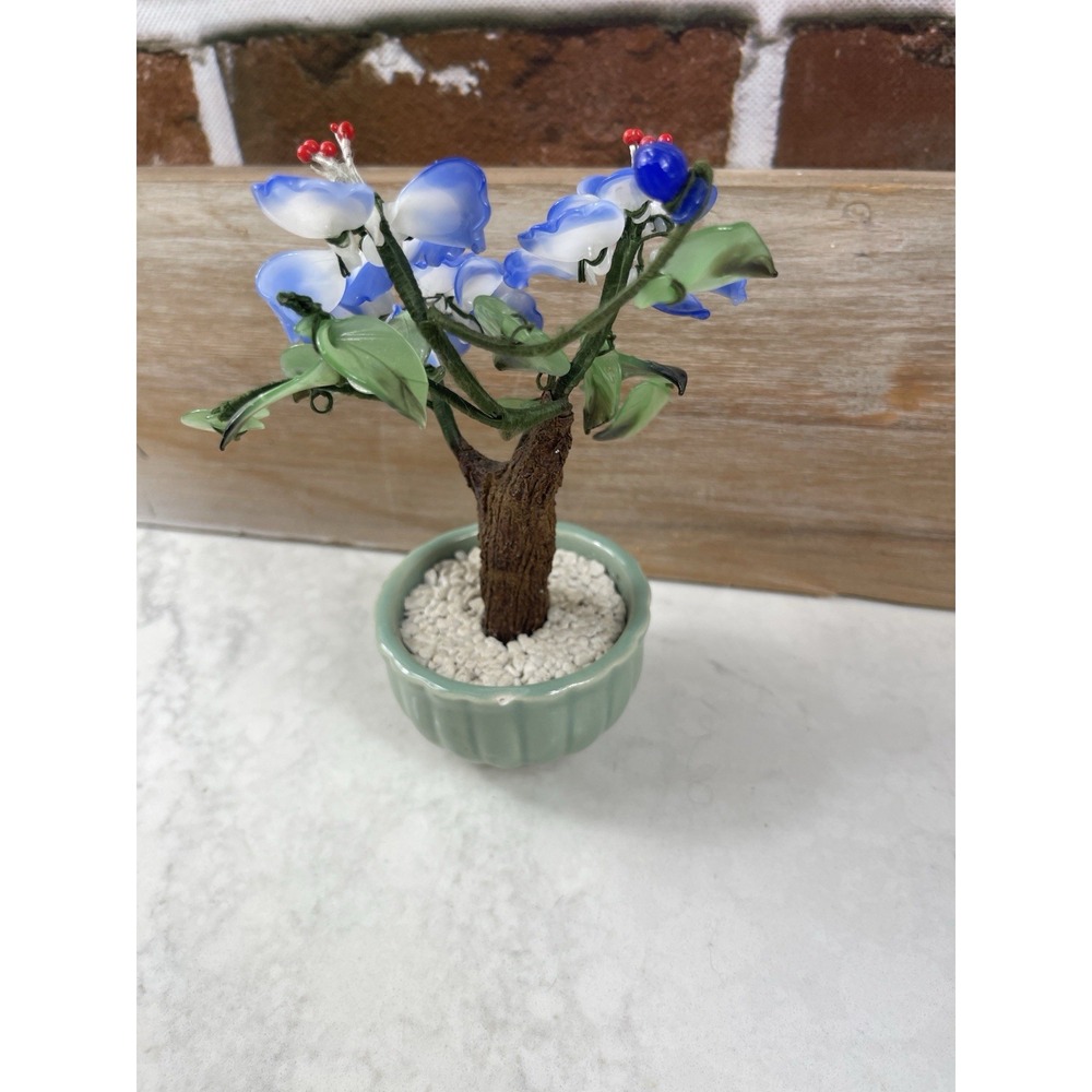 Vintage Bonsai Blue Glass Flowers In A Celodon Vase 6" - Picture 4 of 6